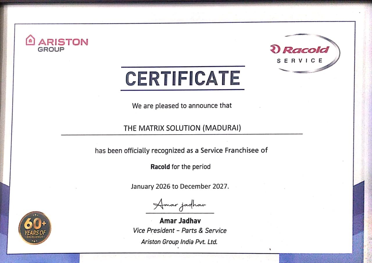 Ariston Group Racold service franchisee certificate for The Matrix Solution Madurai