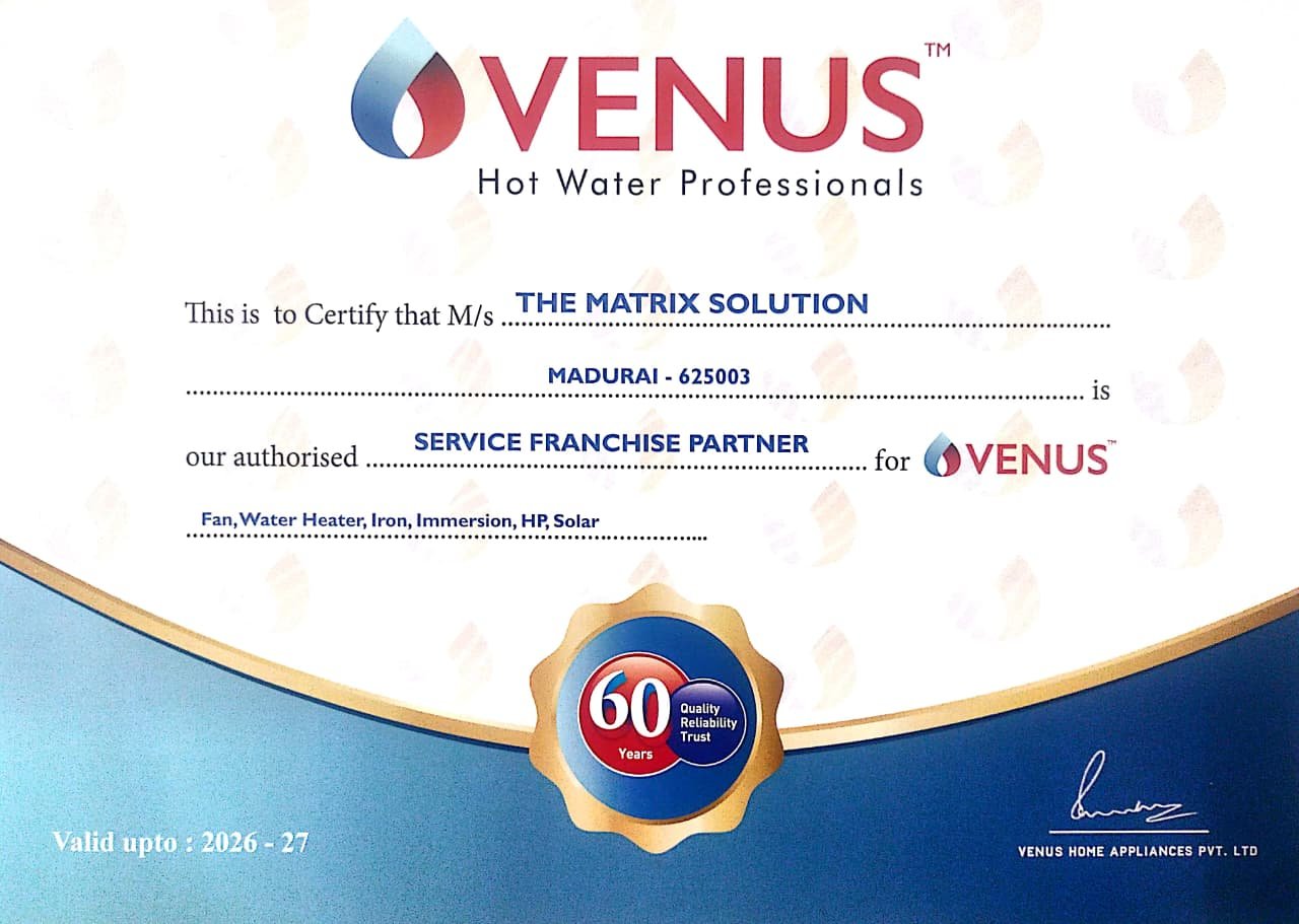 Venus Hot Water Professionals service franchise partner certificate