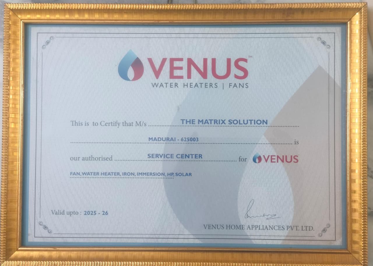 Venus authorised service center certificate for The Matrix Solution